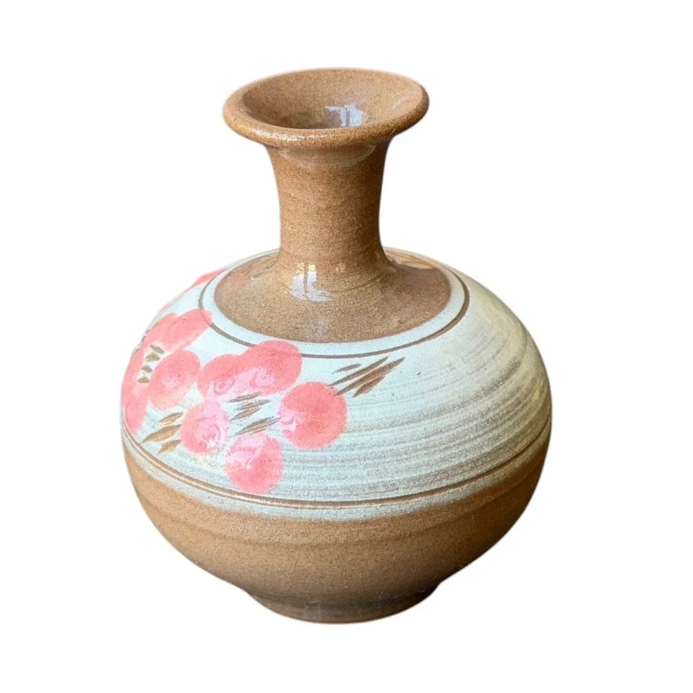 Vintage Studio Pottery Bud Vase Hand Painted Pink Floral Stoneware Earthy Boho
